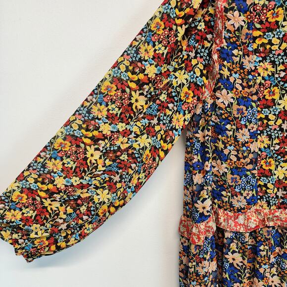 Code x Mode Floral Dress Size S Colorful Sheer Chiffon Ruffle V-Neck Peasant - Picture 5 of 11